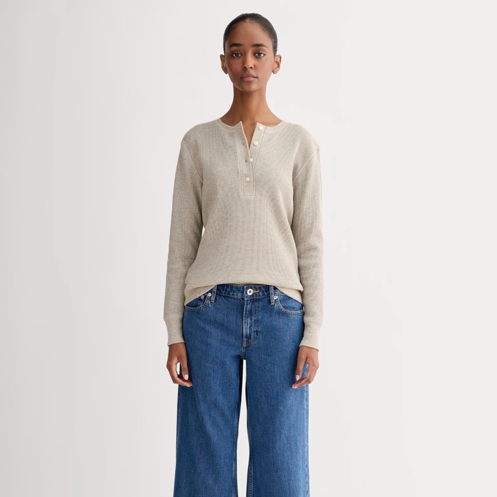 Everlane Waffle Henley, Oatmeal Heather, Size Small